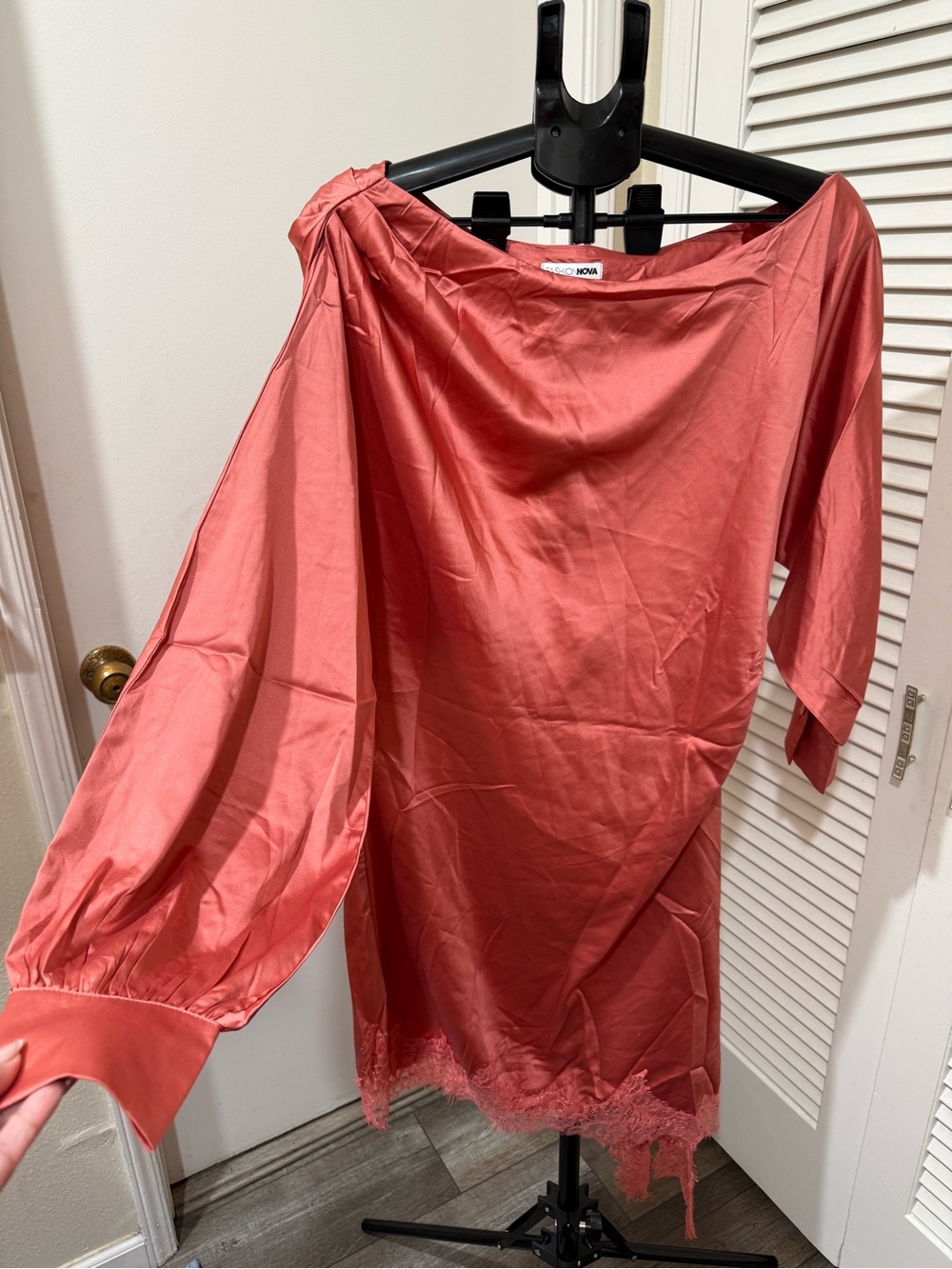 Fashion Nova Coral One-Shoulder Satin Tunic with Lace Hem